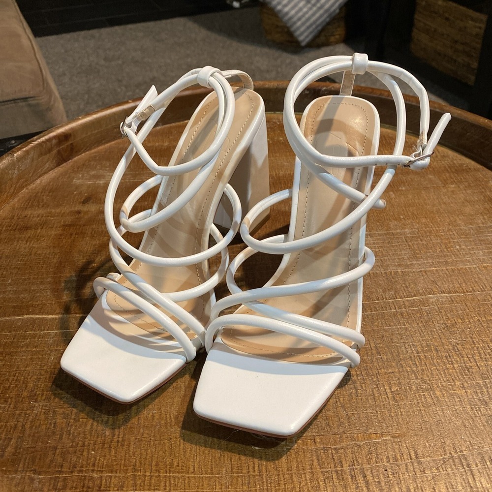 Olivia Jaymes White Open Square Toe Ankle Strap Heels Size 8.5 Prom Formal